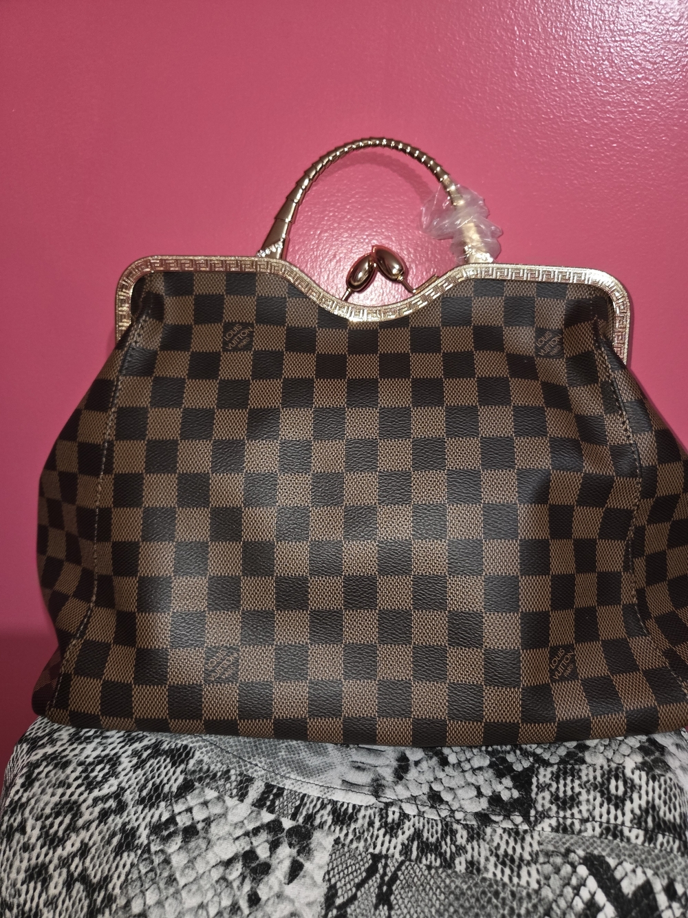 Brown Checkered Women’s Top-Handle Bag with Gold Accents